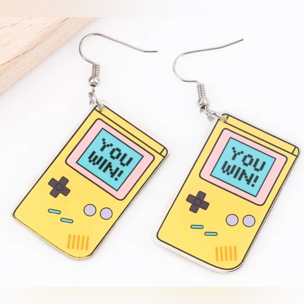 NWT - Retro 90s Gameboy “You Win” Acrylic Yellow Dangle Earrings Single Sided